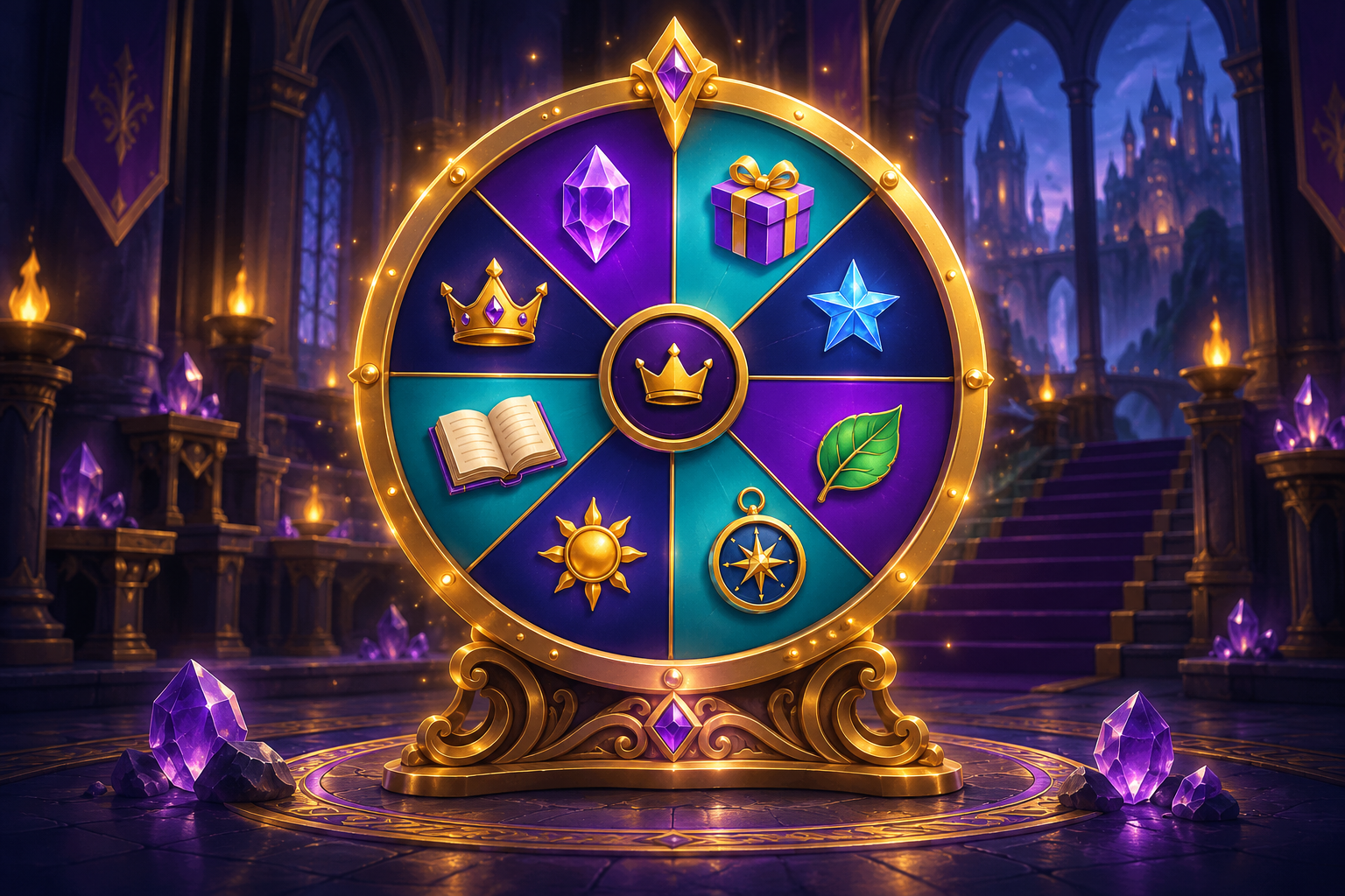 Roue de collection avec des badges étoile, couronne et cristal